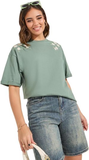 Styli Women 7008232015 Oversized Placement Embroidery Detail Cotton T-Shirt