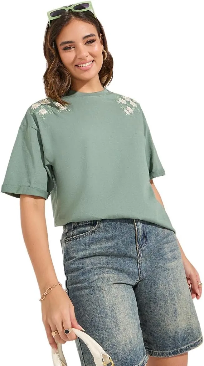Styli Women 7008232015 Oversized Placement Embroidery Detail Cotton T Shirt jpg