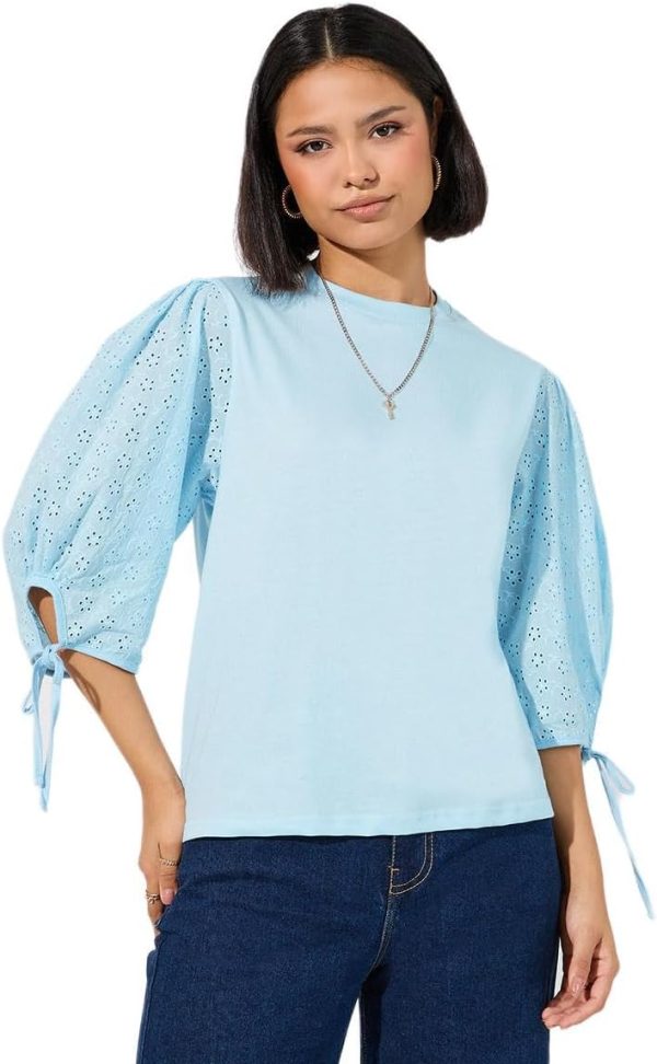 Styli Women Broderie Volume Sleeves Top With Tie Cuff Detail
