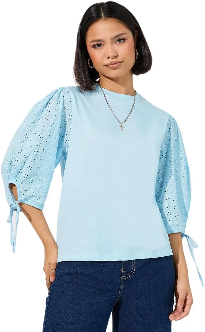 Styli Women Broderie Volume Sleeves Top With Tie Cuff Detail jpg