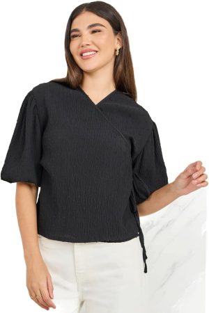 Styli Women Dobby Textured Balloon Sleeves Wrap Top