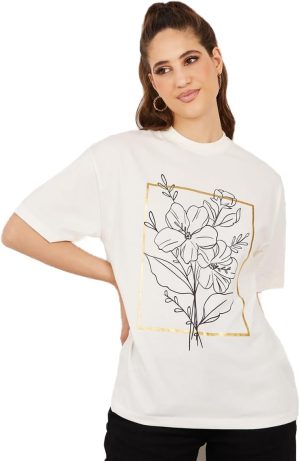 Styli Women Oversized Floral Foil Print Longline T-shirt