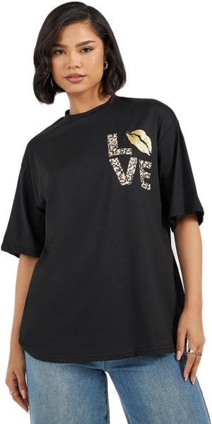 Styli Women Oversized Graphic Print Round Neck Longline T-Shirt