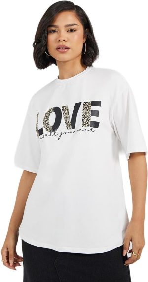 Styli Women Oversized Slogan Print Round Neck Longline T-Shirt