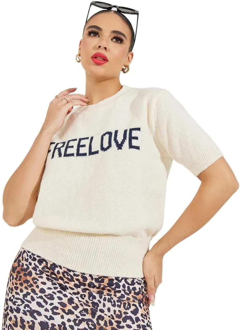 Styli Women Regular Fit Freelove Slogan Knit T Shirt jpg