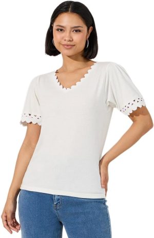 Styli Women Scallop Lace Insert V Neck Top