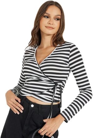 Styli Women Striped Wrap Top With Self-Tie Waist