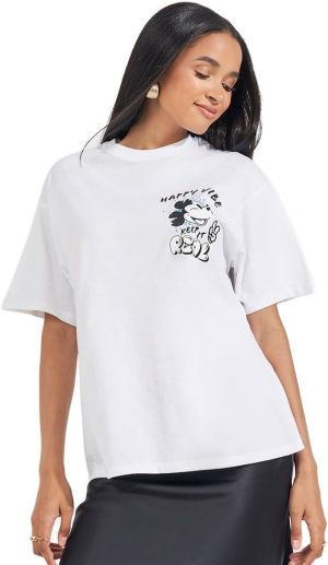 Styli Womene Mickey Mouse Happy Vibe Graphic Oversized T-Shirt
