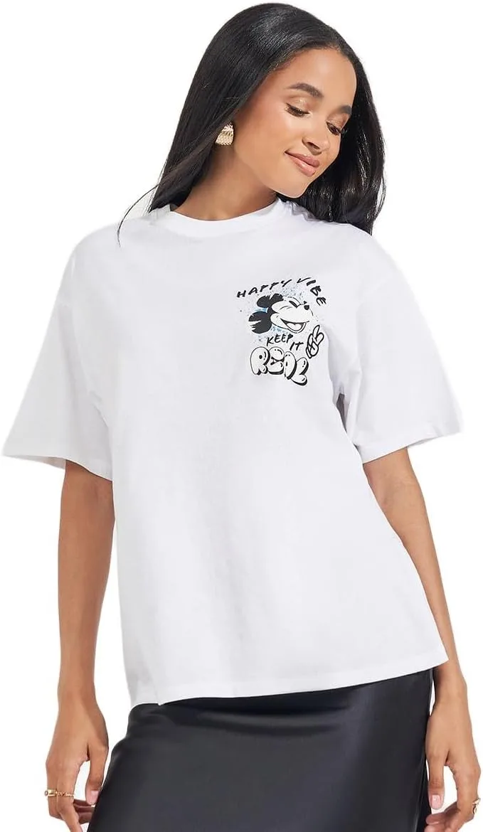 Styli Womene Mickey Mouse Happy Vibe Graphic Oversized T Shirt jpg