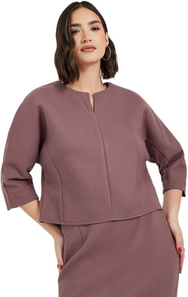 Styli Womene Split Neck Crop Top With 3/4 Sleeves