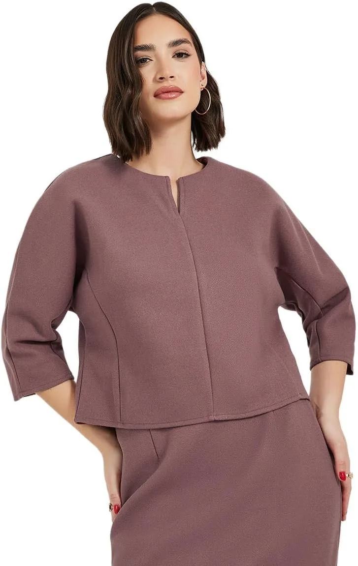 Styli Womene Split Neck Crop Top With 34 Sleeves jpg