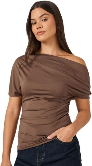 Styli Women's Asymmetric Neck Short Sleeve Knit Top