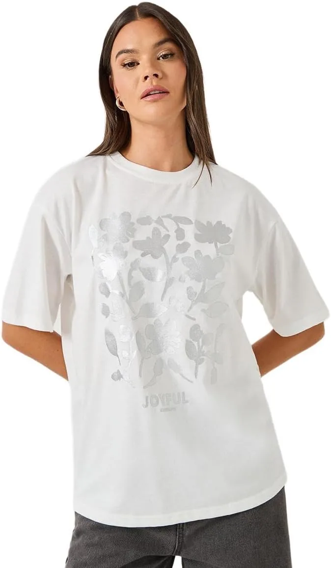 Styli Womens Floral Foil Graphic Oversized Round Neck T Shirt jpg