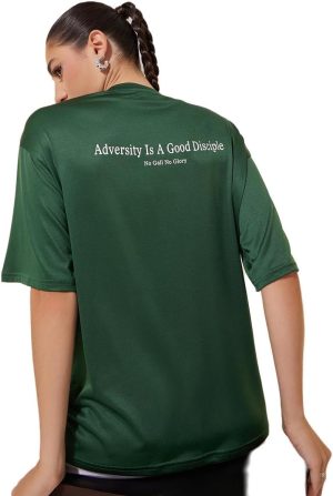 Styli Womens Green Slogan Print Short Sleeve Oversized T-Shirt