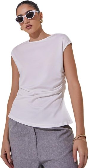 Styli Women's Ruched Detail Side Slit Short Sleeve Top
