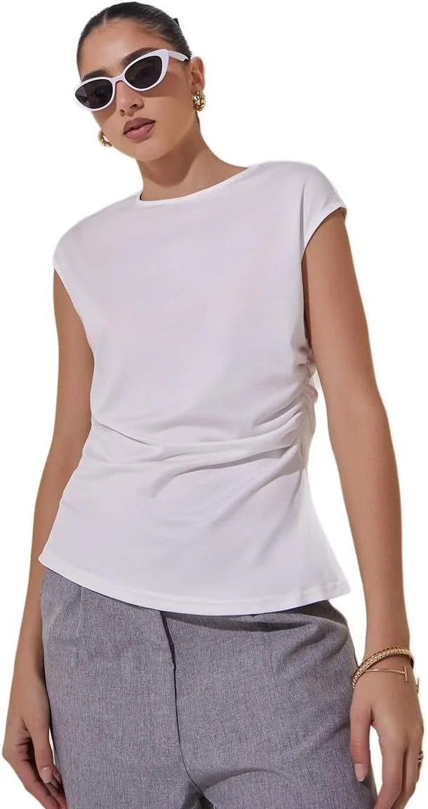 Styli Womens Ruched Detail Side Slit Short Sleeve Top jpg