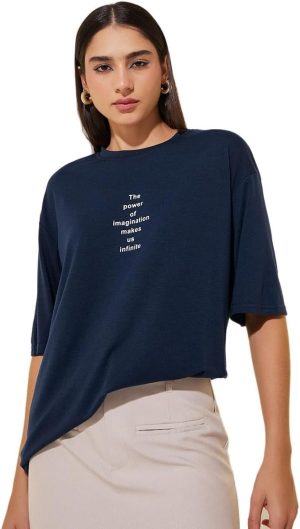 Styli Women's Slogan Print Short Sleeve Oversized T-Shirt