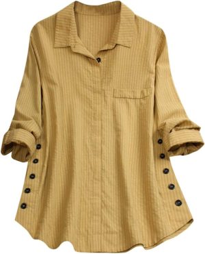 TINGZI Women Casual Loose Pocket Linen Plus Size Stripe Button Long Shirt Blouse Tops Button Down Loose Comfy Tunic