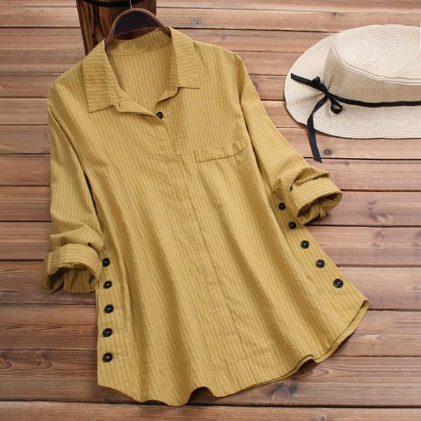 ⁦TINGZI Women Casual Loose Pocket Linen Plus Size Stripe Button Long Shirt Blouse Tops Button Down Loose Comfy Tunic⁩ - الصورة ⁦2⁩