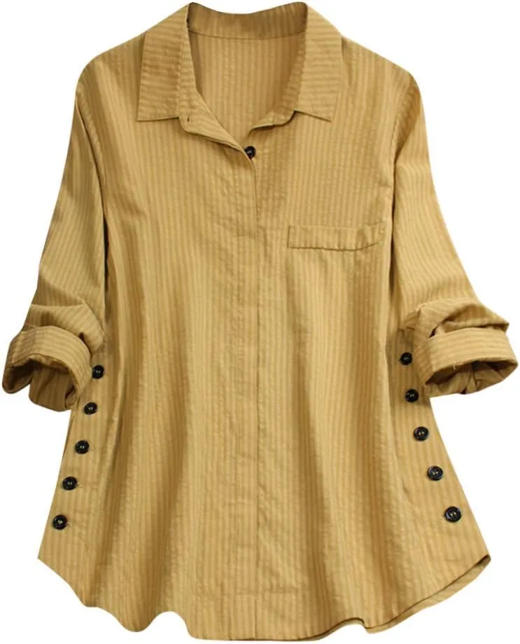 TINGZI Women Casual Loose Pocket Linen Plus Size Stripe Button jpg