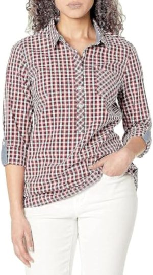 Tommy Hilfiger Women's Blouse Casual Check Roll Tab Long Sleeve