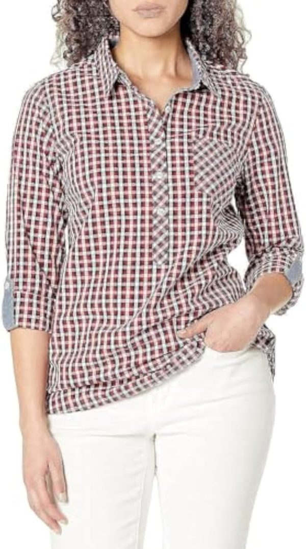 Tommy Hilfiger Women's Blouse Casual Check Roll Tab Long Sleeve