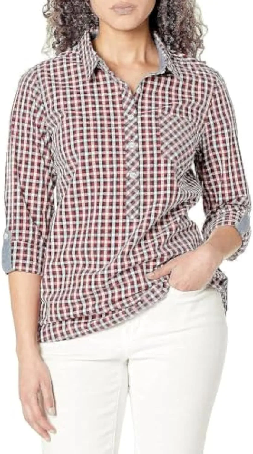 Tommy Hilfiger Womens Blouse Casual Check Roll Tab Long Sleeve jpg