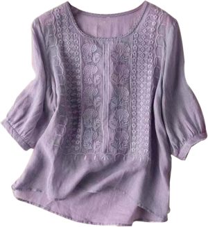 Women Dressy Casual Cotton Linen Embroidery Blouse Crew Neck Tunic Elbow Sleeve Shirts Summer Plus Size Tops
