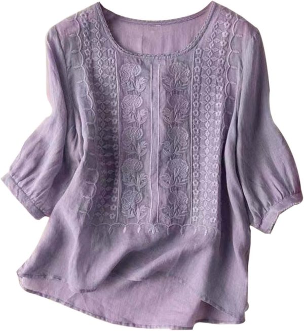 Women Dressy Casual Cotton Linen Embroidery Blouse Crew Neck Tunic Elbow Sleeve Shirts Summer Plus Size Tops
