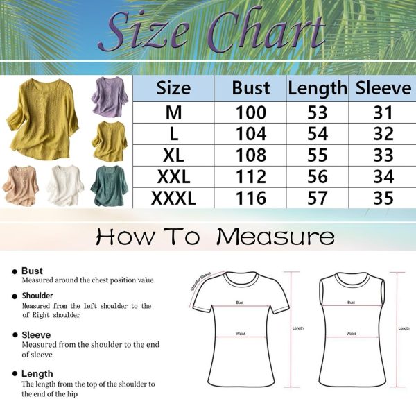 ⁦Women Dressy Casual Cotton Linen Embroidery Blouse Crew Neck Tunic Elbow Sleeve Shirts Summer Plus Size Tops⁩ - الصورة ⁦2⁩