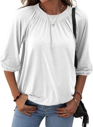 Womens Sleeve Crew Neck Blouse Summer Casual Round Neck Long Sleeve Loose Smocking Casual Tee Work Tops Tshirts Tunic Tops