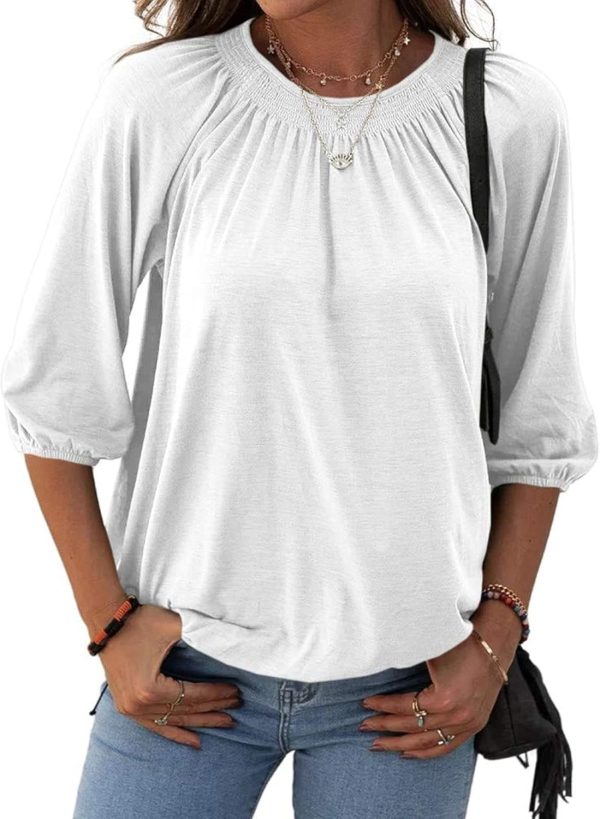 Womens Sleeve Crew Neck Blouse Summer Casual Round Neck Long Sleeve Loose Smocking Casual Tee Work Tops Tshirts Tunic Tops