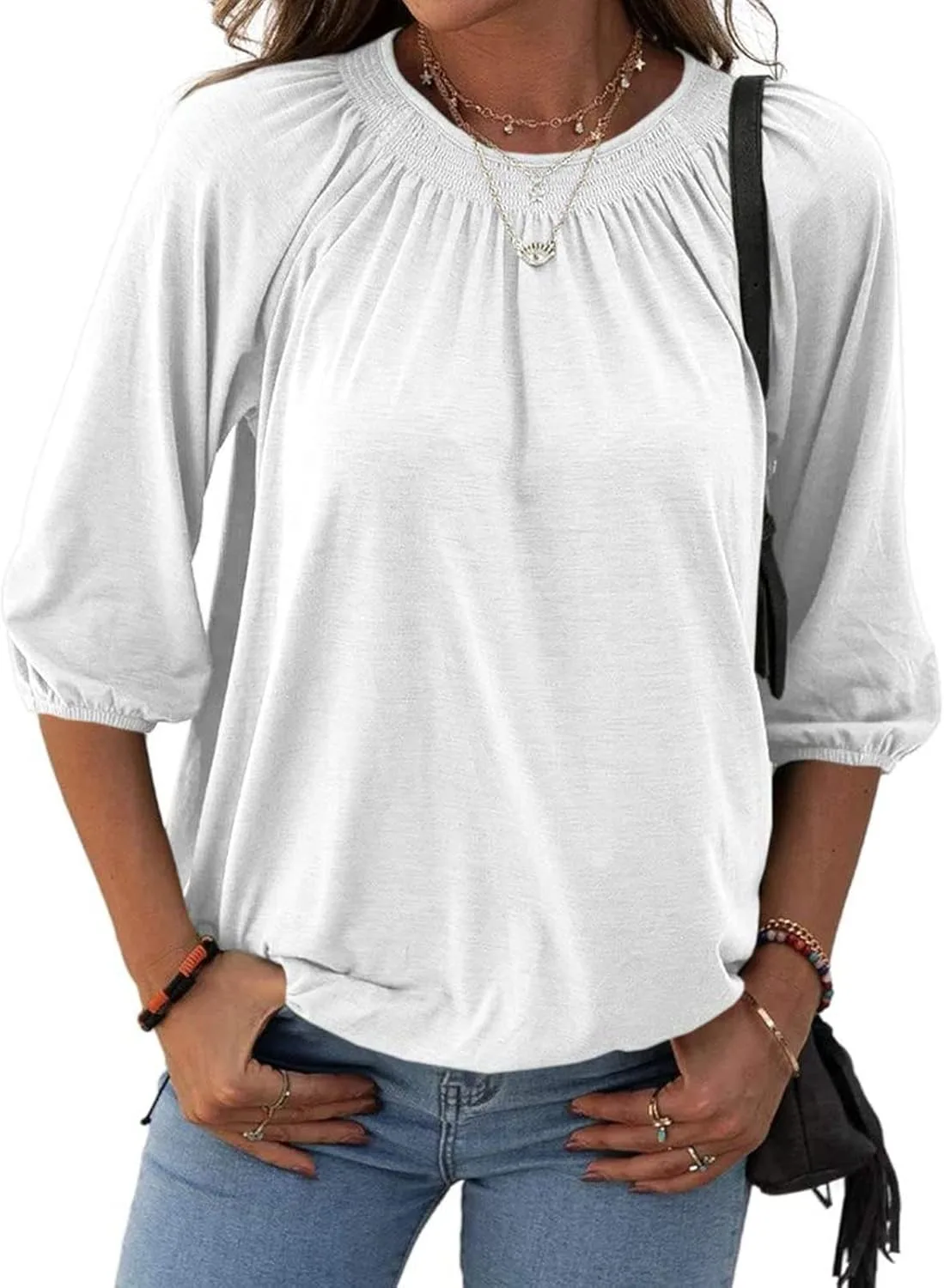 Womens Sleeve Crew Neck Blouse Summer Casual Round Neck Long jpg
