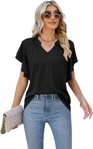 Womens Summer Casual Tops Ruffle Short Sleeve V Neck Blouses Chiffon Loose tunic Shirts