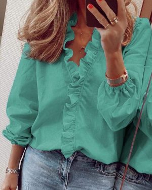 تي شيرت كاجوال للنساء مطبوع عليه زهور ورقبة على شكل حرف V واكمام طويلة فضفاضة مناسب للصيف والخريف
