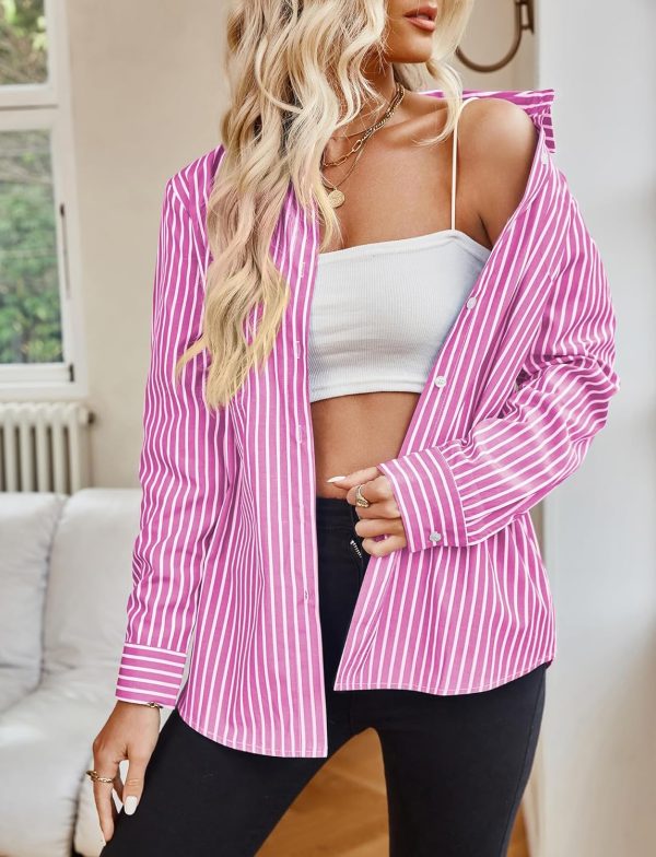⁦SEAUR Striped Button Down Shirts for Women Long Sleeve Casual Cotton Blouse Stylish V Neck Office Work Tops⁩ - الصورة ⁦3⁩
