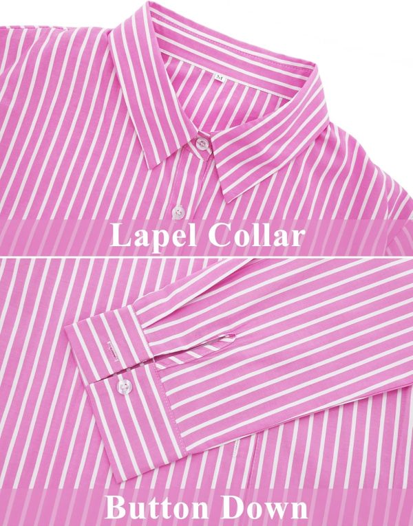⁦SEAUR Striped Button Down Shirts for Women Long Sleeve Casual Cotton Blouse Stylish V Neck Office Work Tops⁩ - الصورة ⁦4⁩