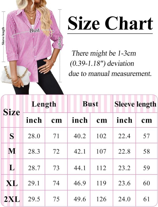 ⁦SEAUR Striped Button Down Shirts for Women Long Sleeve Casual Cotton Blouse Stylish V Neck Office Work Tops⁩ - الصورة ⁦6⁩