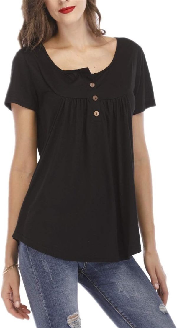 ⁦Womens Tops Floral V Neck Casual Blouses Short/Long Sleeve Shirts Button Up Tunic⁩ - الصورة ⁦4⁩