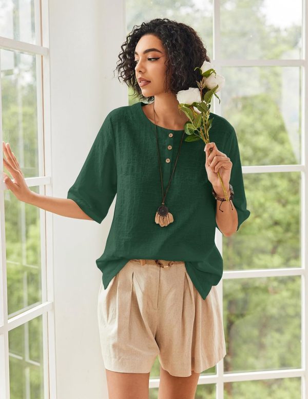 ⁦Cnlinkco Linen Tops for Women 3/4 Sleeve Crew Neck Cotton Shirts Casual Jacquard Boho Blouse⁩ - الصورة ⁦3⁩