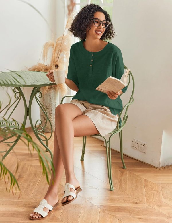 ⁦Cnlinkco Linen Tops for Women 3/4 Sleeve Crew Neck Cotton Shirts Casual Jacquard Boho Blouse⁩ - الصورة ⁦4⁩