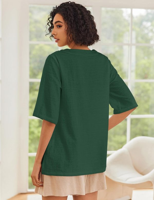 ⁦Cnlinkco Linen Tops for Women 3/4 Sleeve Crew Neck Cotton Shirts Casual Jacquard Boho Blouse⁩ - الصورة ⁦5⁩
