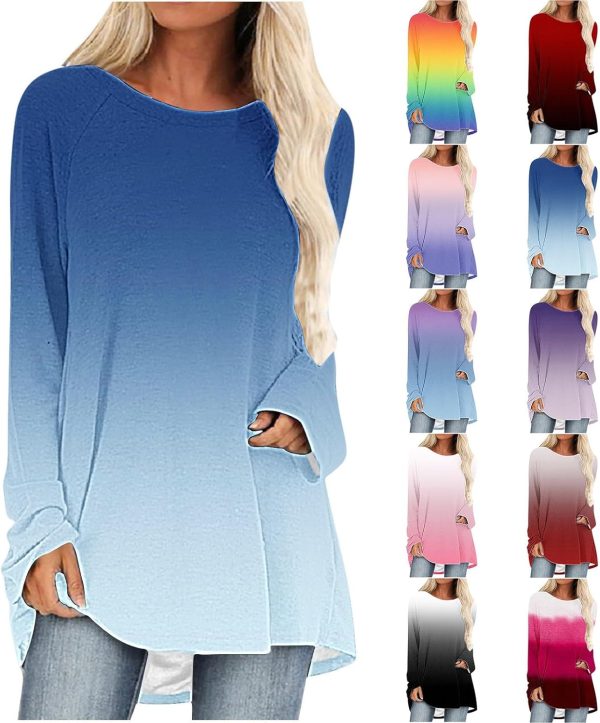 ⁦Tunic Tops for Women Loose Fit Dressy Crew Neck Blouses Tie Dye Print Fall Long Sleeve Shirts to Wear with Leggings⁩ - الصورة ⁦5⁩