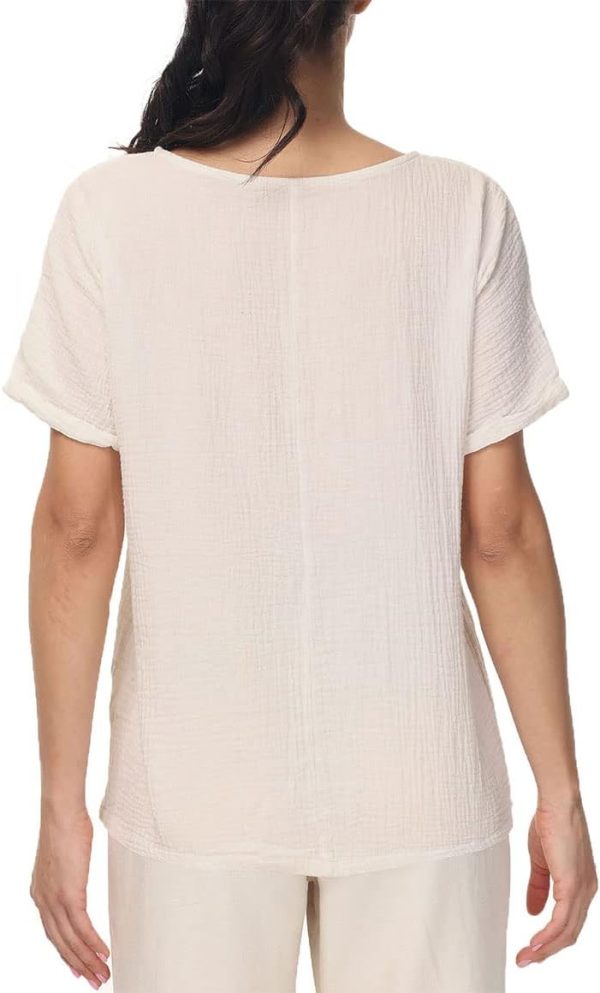 ⁦Soojun Women's Cotton Linen Round Collar Boxy Top Patchwork Blouses⁩ - الصورة ⁦2⁩