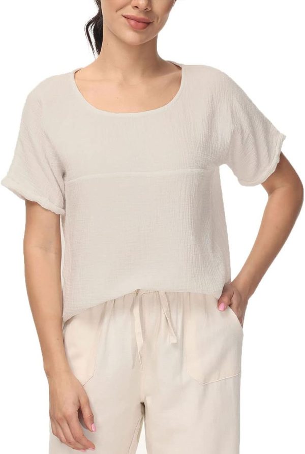 ⁦Soojun Women's Cotton Linen Round Collar Boxy Top Patchwork Blouses⁩ - الصورة ⁦3⁩