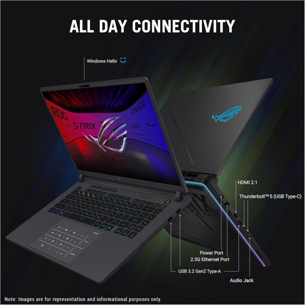 ⁦ASUS ROG Strix G16 Gaming Laptop, Intel Ultra 9-275HX, 64 GB DDR5 RAM, 2 TB PCIe SSD, 16" 2.5K (2560x1600) Display, Nvidia G-Force RTX 5080, RGB Backlit Chiclet Keyboard, W11 Pro, Eclipse Gray⁩ - الصورة ⁦4⁩