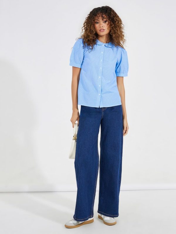 ⁦Styli Women Gingham Relaxed Fit Shirt With Puff Sleeves⁩ - الصورة ⁦3⁩