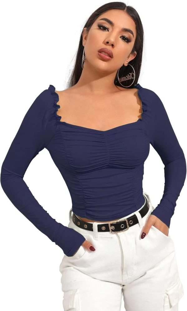 Shasmi Women's & Girls' Black Full Sleeve, Sweat Hear Neck, Frill Trim Ruched Crop Top for Women, Tops, T-Shirts for Girls