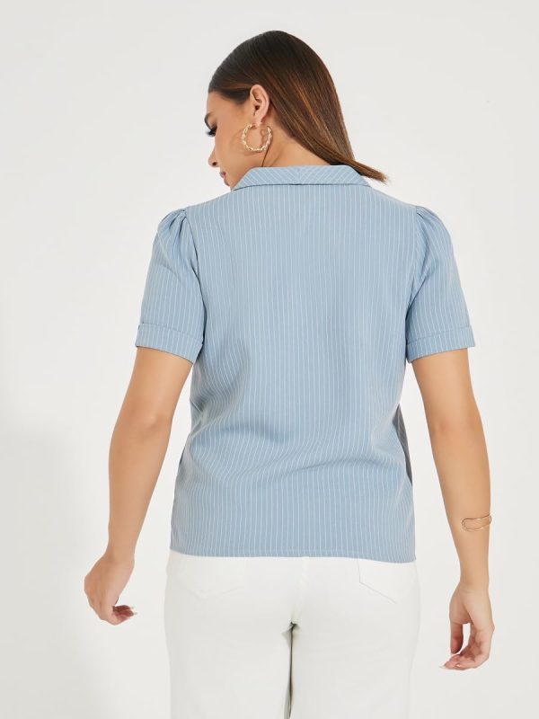 ⁦STYLI Women 7008992803 Pinstriped Lapel Collar Wrap Top with Button Detail XL Blue⁩ - الصورة ⁦4⁩