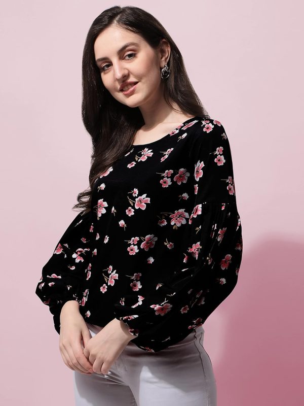 ⁦Oomph! Floral Print Blouson Top in Crepe Fabric with Round Neck and Full Sleeve⁩ - الصورة ⁦3⁩